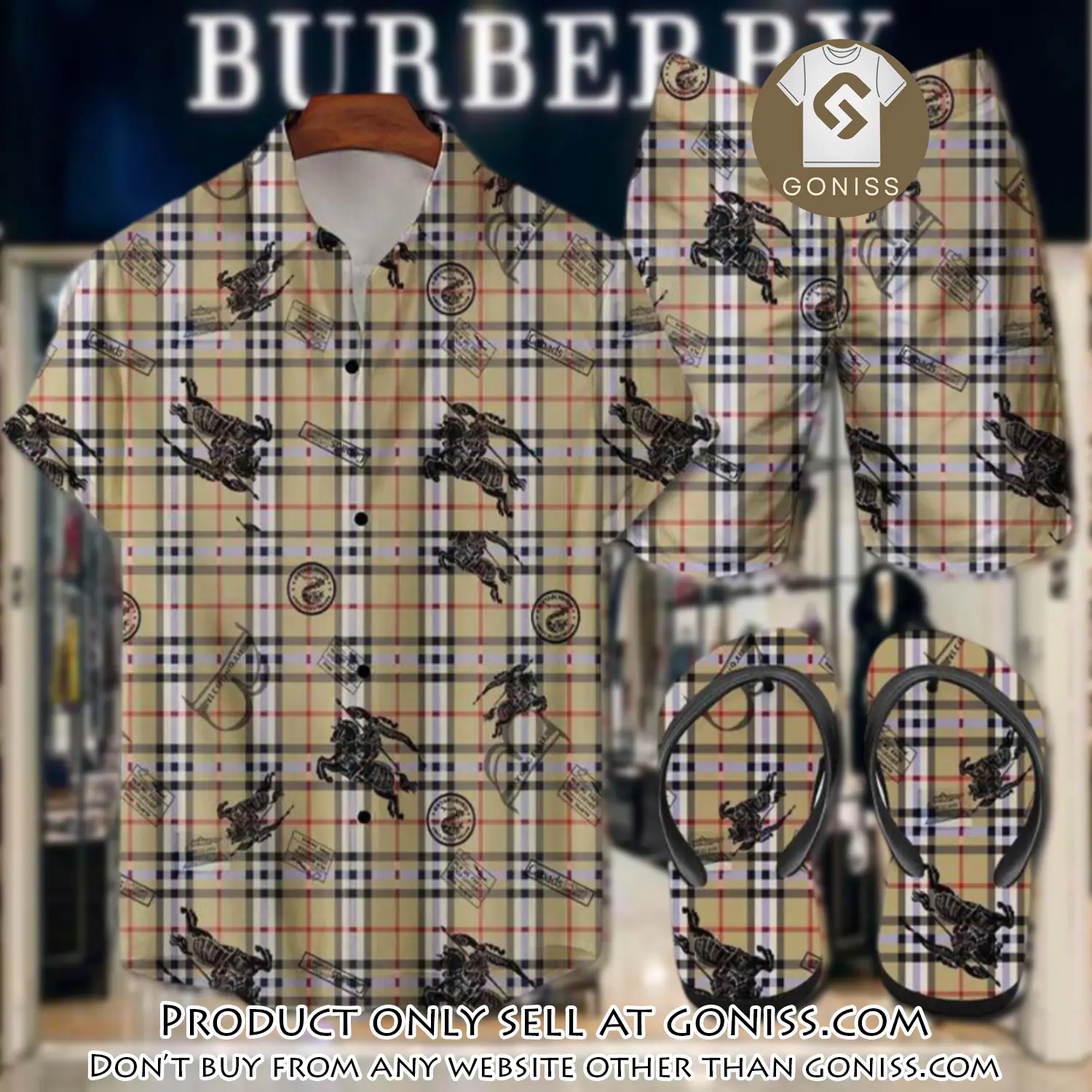 Burberry flip flops and combo hawaii shirt shorts luxury brand summer outfit hsf311 gn0553040